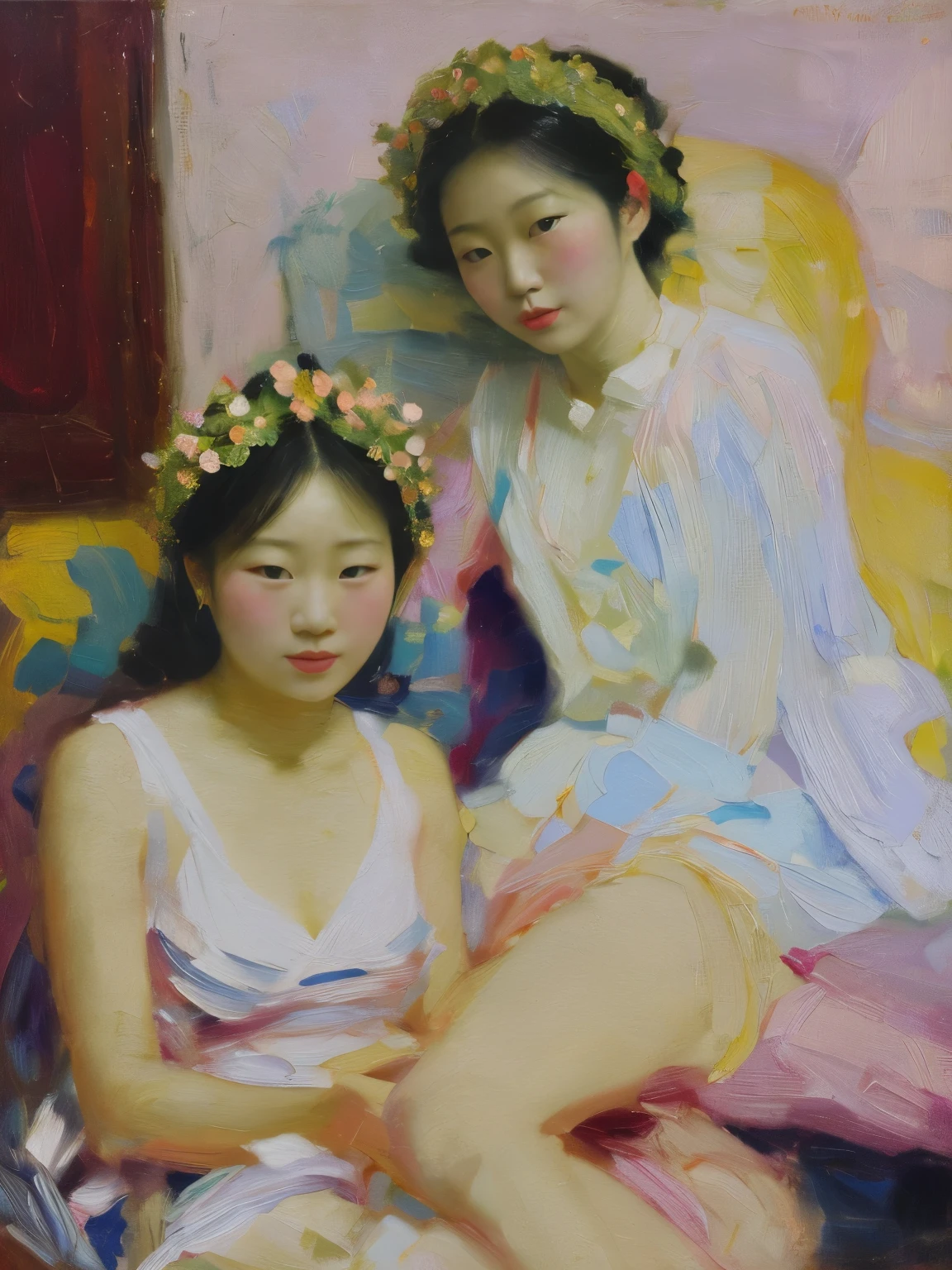 two women in lingersuits laying on a bed with flowers, inspired by Yanjun Cheng, yanjun chengt,  painting, inspired by Wang Duo, inspired by Chen Yifei, roberto ferri and ruan jia, girls resting, two models in the frame, two girls, inspired by Fenghua Zhong, inspired by Zhang Xuan, by Dai Xi a close up of a woman with a flower crown on her head, asian features, jinyoung shin, inspired by Yanjun Cheng, traditional art, korean artist, gorgeous chinese model, yanjun chengt, fanart, by Ni Tian, beautiful south korean woman, official artwork, by Wu Bin, wenfei ye, popular south korean makeup, a young asian woman absolutely abstract Retro vintage art print, sexy, glamorous pin-up girl wearing a sailors hat, bikini, A painting of a woman wife ((golden ratio}} laying on the sofa after a long night on the town, a painting, a Beautiful expressive painting, malcolm liepke painting, glossy painting, beautiful digital painting, digital art painting, Fine paintings, monochromatic. malcolm liepke oil painting, impressionist painting.Spread your legs apart, beautiful and delicate face, fair skin