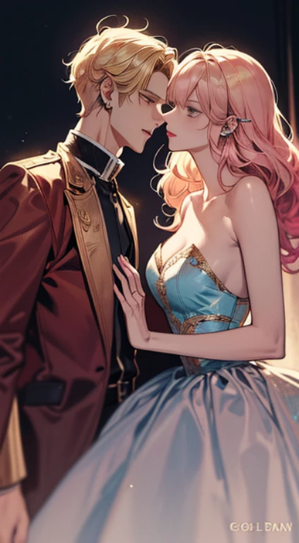 (((1male people：Piercing in the left ear,、((Golden hair))、tall、tall、Tall、a handsome、refreshing、burly)))、(((1female：Pink hair、Long、short、Best style、F-cup、See-through sexy dress、Beautuful Women)))、((((a couple))))、{(Best Quality, 8K, masutepiece, nffsw, Soft lighting, image perfect, Digital Illustration, manhwa art, super detailed image, Perfect lines, )}