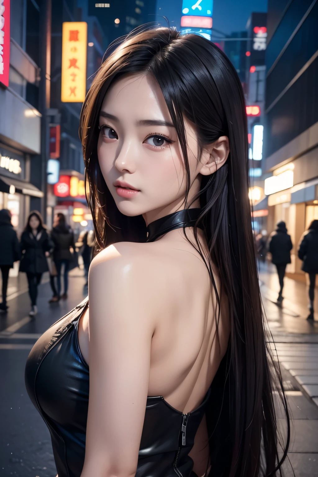​masterpiece, 1 beautiful girls, detaileds, Swollen eyes, top-quality, 超hight resolution, (Reality: 1.4), OriginalPhotographs, 1girl in, light, (A smile,:0.5) japanes, Asian Beauty, Korean, Proper, very extremely beautiful, Slightly younger face, Beautiful skins, slender, cyberpunk backgrouns, (A hyper-realistic), (illustratio), (hight resolution), (8K), (Very detaileds), (Beautifully detailed eyes with the best illustrations), (Super detaileds), (wall-), (detaileds face), looking at the viewers, fine details, detailed face、deep-shadows、Unobtrusive、pureerosfaceace_v1、46 points with diagonal straight.　Galconnu Lookmaid,、Black colored eyes、