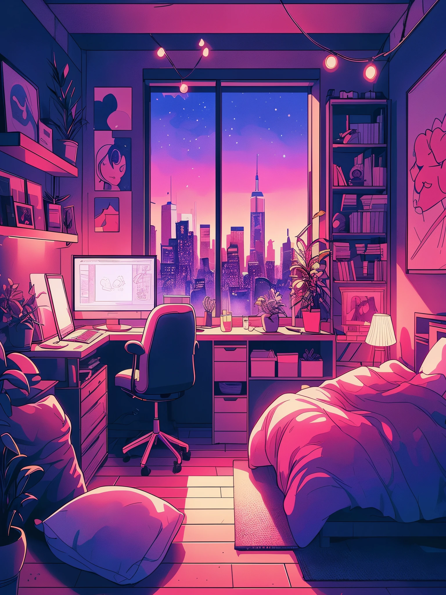 Draw an anime lofi scene, there is a bed with a pink comforter, computer table, chic style room, plants, dim light, shelves and art pieces, anime background art, anime background, new york city visible from window, relaxing environment, anime art wallpaper 4k, vibrant colors, beautiful sky, cozy environment, relaxing concept art