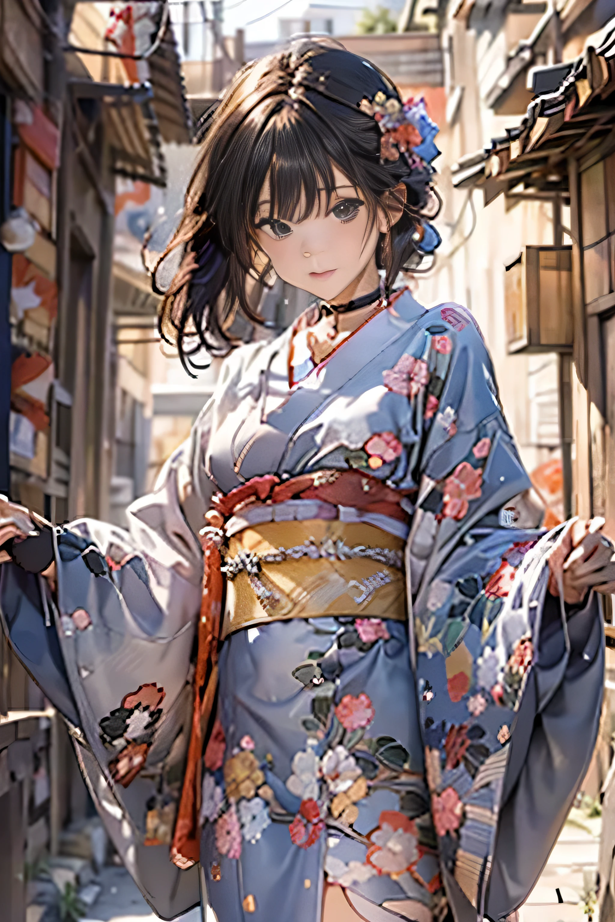 (top-quality,8K picture quality,​masterpiece:1.3,hight resolution,masutepiece:1.2, Realism:1.3), 23 year old woman wearing a kimono,Front view:0.8,full body Esbian:1.3,Looking at the camera,(Japanese dress, Kimono:1.4,Komono:1.2, a choker:1.4),(Shorthair:1.2,well-groomed black hair), (Back alley:1.3), Kimono comes off,thigh visible,I can see panties,teats see through, Beautiful face,(Young gravure idols, Young skinny gravure idol, sophisticated gravure idol),(detailed flawless face),normal hands:1.5,Normal finger:1:5,Normal legs:1.5