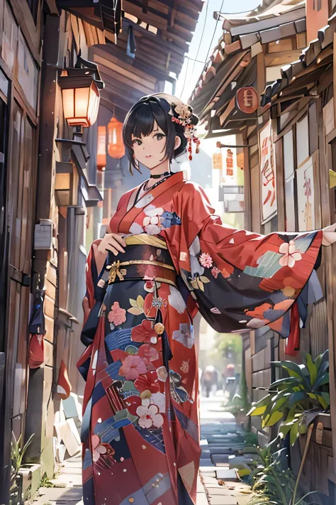 (top-quality,8K picture quality,​masterpiece:1.3,hight resolution,masutepiece:1.2, Realism:1.3), 23 year old woman wearing a kimono,Front view:0.8,full body Esbian:1.3,Looking at the camera,(Japanese dress, Kimono:1.4,Komono:1.2, a choker:1.4),(Shorthair:1...