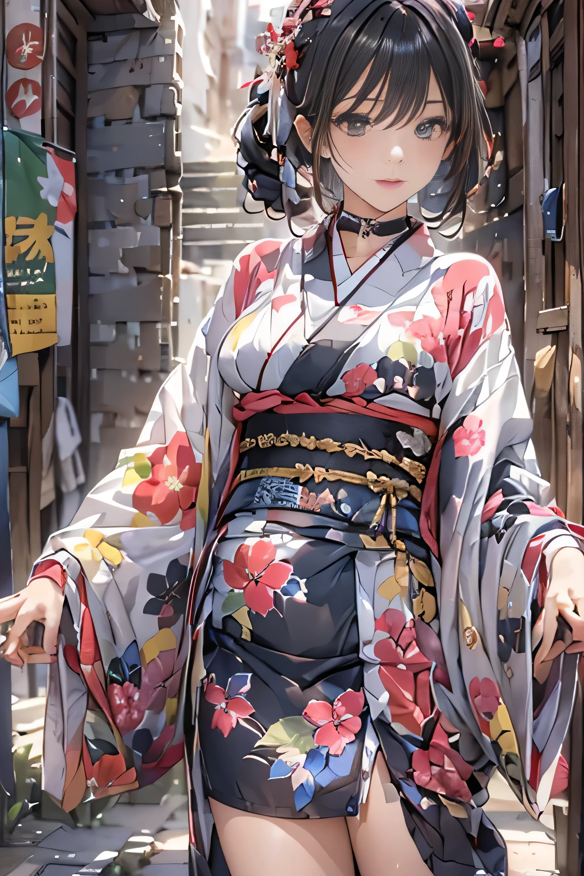 (top-quality,8K picture quality,​masterpiece:1.3,hight resolution,masutepiece:1.2, Realism:1.3), 23 year old woman wearing a kimono,Front view:0.8,full body Esbian:1.3,Looking at the camera,(Japanese dress, Kimono:1.4,Komono:1.2, a choker:1.4),(Shorthair:1.2,well-groomed black hair), (Back alley:1.3), Kimono comes off,thigh visible,I can see panties,teats see through, Beautiful face,(Young gravure idols, Young skinny gravure idol, sophisticated gravure idol),(detailed flawless face),normal hands:1.5,Normal finger:1:5,Normal legs:1.5