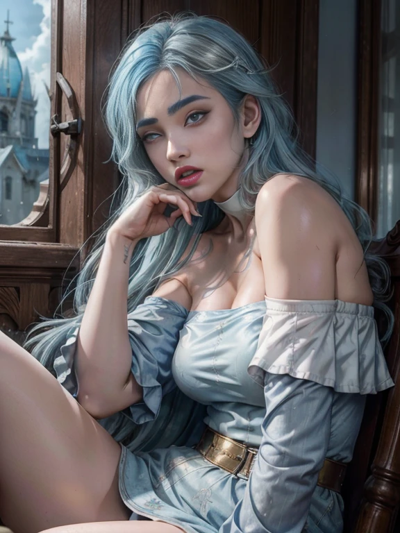 RAW, masterpiece, ultra thin photo, best quality, ultra high resolution, photorealistic, sunlight, (medium full shot:1.5), incredibly beautiful, dynamic poses, delicate face, vibrant eyes, (side view), she is using a long medieval dress, multicolored eyes, (light blue hair:1.5), (beaufiful thigh:1.3), (off-the-shoulder cut top:1.3), medieval city background, highly detailed abandoned, detailed face, detailed and complex busy background, gorgeous, milky white, Highly detailed skin, realistic skin details, visible pores, sharp focus, volumetric mist, moonlight night, 8k UHD, DSLR camera, high quality, film grain, fair skin, photorealism, lomography, expanding metropolis in medieval dystopia, view from below, translucent, (ahegao:1.5), (rolling eyes:1.5), fainting, (legspread), JenniferConnelly90s