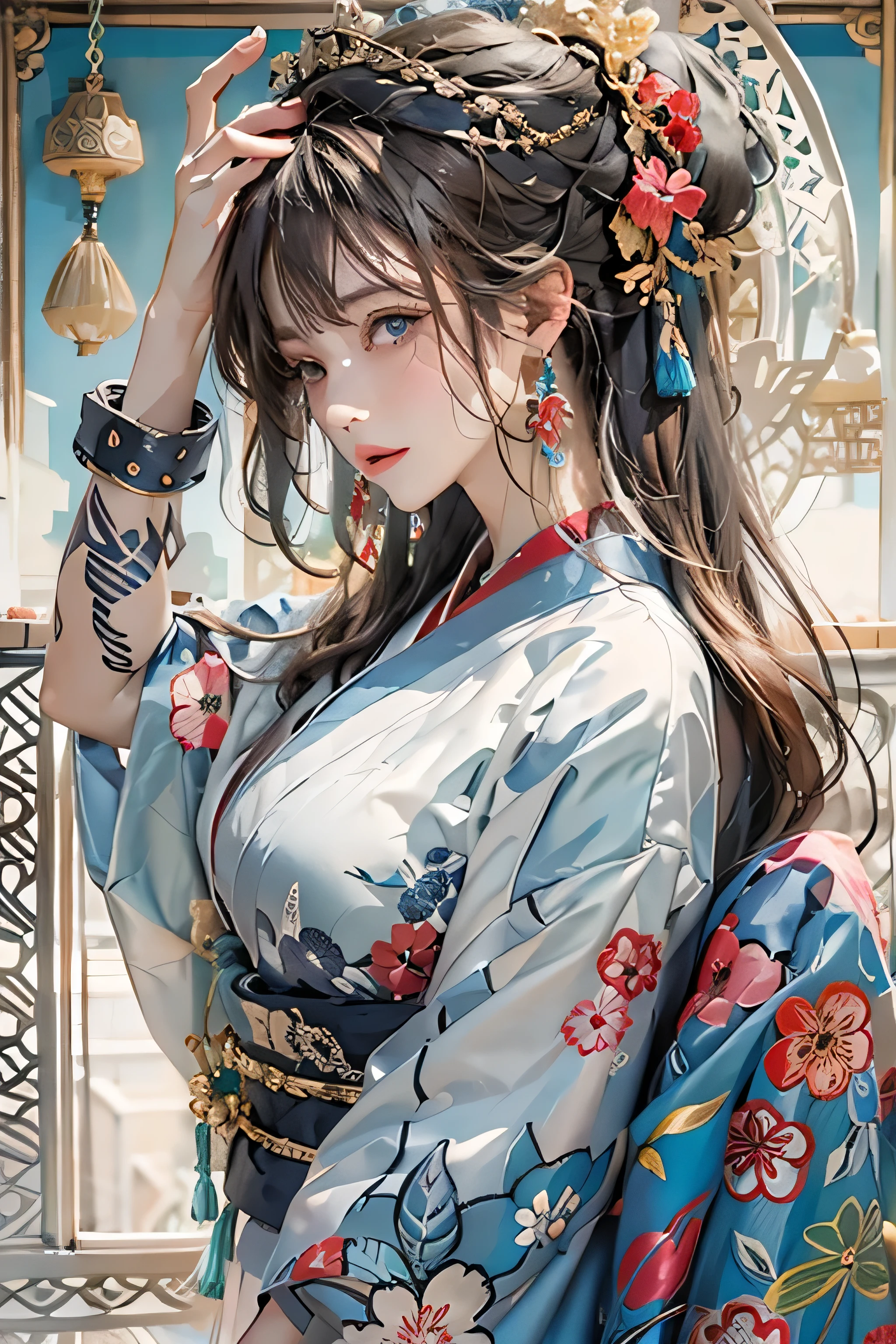 Photorealistic, High resolution, 1womanl, glistning skin, Solo,hips up high,The tattoo, Jewelry, Long hair, Blue Eye, Closed mouth, Kimono