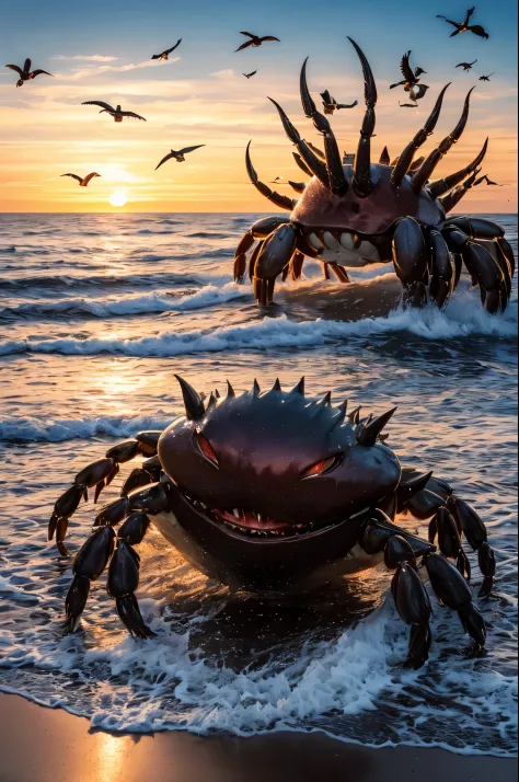 (best quality,highres,masterpiece:1.2),ultra-detailed,realistic,physically-based rendering,humanoid monster,crab-like chitinous plates,creepy,dressed like a Disney princess,beach,princess,creepy eyes,crab-like legs,unique texture,claws,scary appearance,hau...