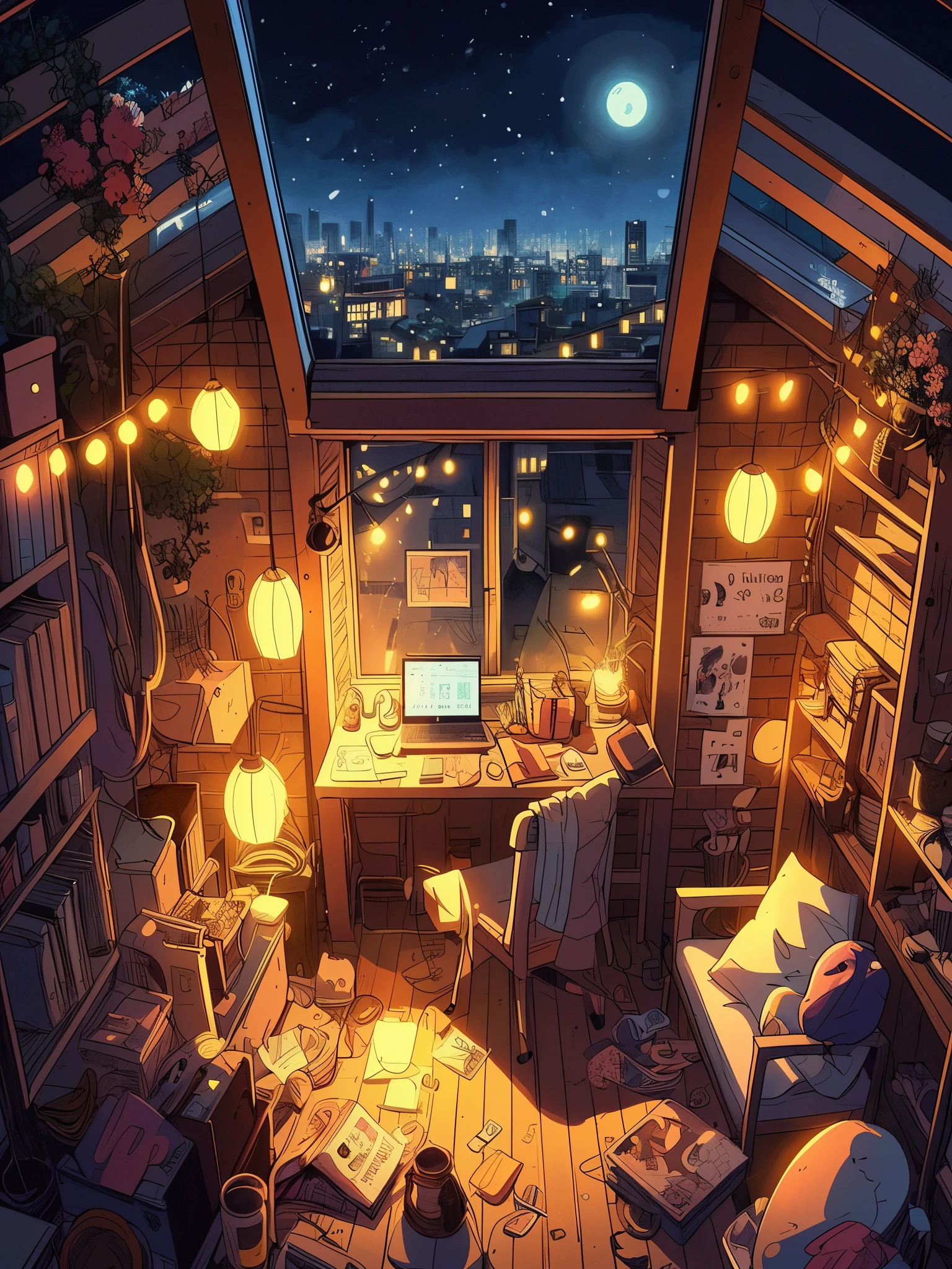 Draw an anime lofi cozy room at night, in a rooftop, (warm lights), lots of stuff, 2D anime style, 90s anime aesthetic, Lo-fi, highly detailed, Hard disk, anime style mixed with fujifilm, hyper realistic, 8k, Masterpiece