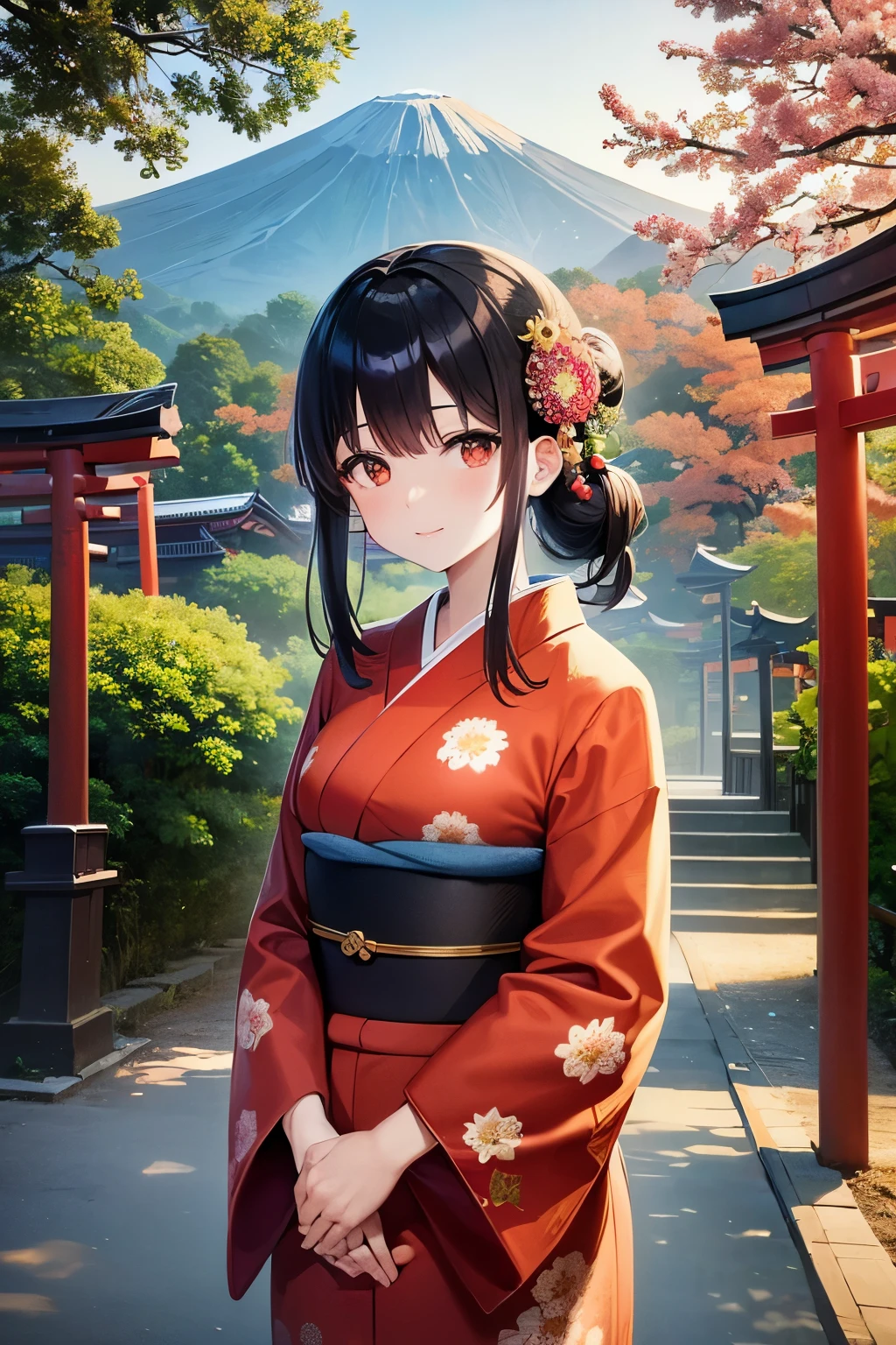 masterpiece,best quality,(japanese beautiful girl), 18 yearr old,black hair 1bun,round face,brown big eyes,(((japanese flower print red kimono))),Japanese style hair ornaments,(japanese first visit of the year to a shrine),crowded places,smile,front facing,New Year,(first sunrise),(snow scene),Visit a shrine,cowboy shot,(background large torii and fuji mountain),