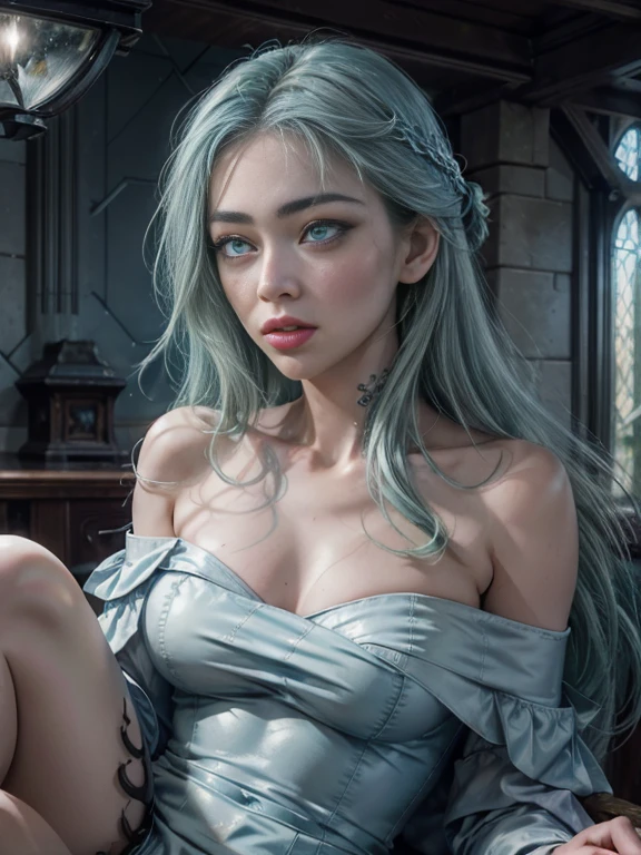 RAW, masterpiece, ultra thin photo, best quality, ultra high resolution, photorealistic, sunlight, (medium full shot:1.5), incredibly beautiful, dynamic poses, delicate face, (very fine eyebrows:1.1), vibrant eyes, (side view), she is using a long medieval dress, (green eyes:1.4), (light blue hair:1.5), (beaufiful thigh:1.3), (off-the-shoulder cut top:1.3), medieval city background, highly detailed abandoned, detailed face, detailed and complex busy background, gorgeous, milky white, Highly detailed skin, realistic skin details, visible pores, sharp focus, volumetric mist, moonlight night, 8k UHD, DSLR camera, high quality, film grain, fair skin, photorealism, lomography, expanding metropolis in medieval dystopia, view from below, translucent, (ahegao:1.5), (rolling eyes:1.5), fainting, (legspread), JenniferConnelly90s