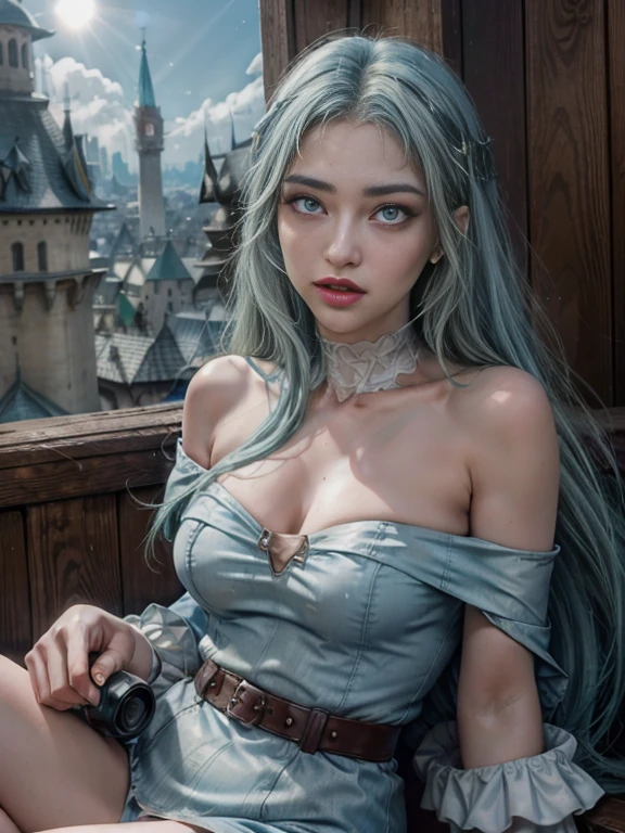 RAW, masterpiece, ultra thin photo, best quality, ultra high resolution, photorealistic, sunlight, (medium full shot:1.5), incredibly beautiful, dynamic poses, delicate face, (very fine eyebrows:1.1), vibrant eyes, (side view), she is using a long medieval dress, (green eyes:1.4), (light blue hair:1.5), (beaufiful thigh:1.3), (off-the-shoulder cut top:1.3), medieval city background, highly detailed abandoned, detailed face, detailed and complex busy background, gorgeous, milky white, Highly detailed skin, realistic skin details, visible pores, sharp focus, volumetric mist, moonlight night, 8k UHD, DSLR camera, high quality, film grain, fair skin, photorealism, lomography, expanding metropolis in medieval dystopia, view from below, translucent, (ahegao:1.5), (rolling eyes:1.5), fainting, (legspread), JenniferConnelly90s