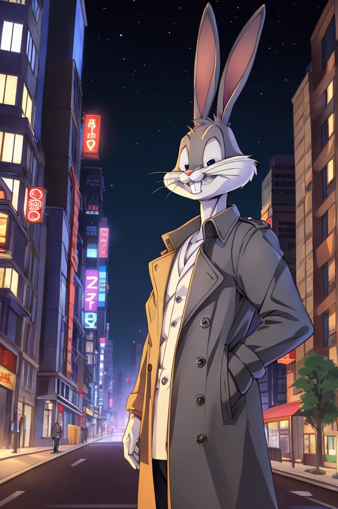 gloves, male, solo, bugs bunny, rabbit, buckteeth, city,night, long ears, grey body, grey fur, white fur,furry,anime style, anime screencap, 2010s_\(style\), grin, forest, upper body, trench coat,