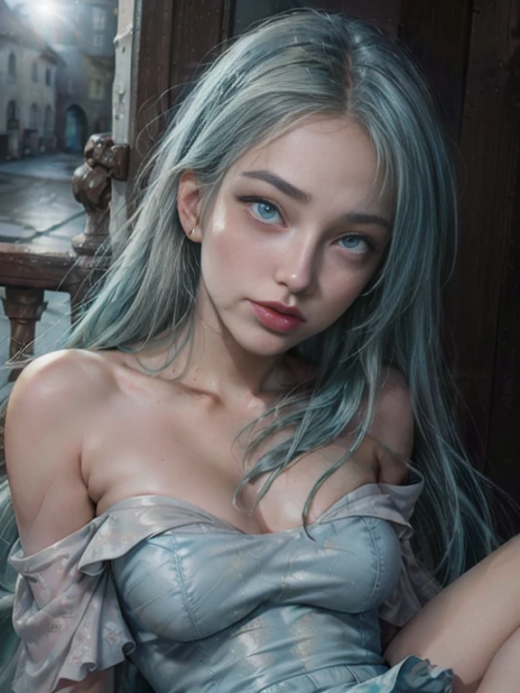 RAW, masterpiece, ultra thin photo, best quality, ultra high resolution, photorealistic, sunlight, (medium full shot:1.5), incredibly beautiful, dynamic poses, delicate face, (very fine eyebrows:1.1), vibrant eyes, (side view), she is using a long medieval dress, (green eyes:1.4), (light blue hair:1.5), (beaufiful thigh:1.3), (off-the-shoulder cut top:1.3), medieval city background, highly detailed abandoned, detailed face, detailed and complex busy background, gorgeous, milky white, Highly detailed skin, realistic skin details, visible pores, sharp focus, volumetric mist, moonlight night, 8k UHD, DSLR camera, high quality, film grain, fair skin, photorealism, lomography, expanding metropolis in medieval dystopia, view from below, translucent, (ahegao:1.5), (rolling eyes:1.5), fainting, (legspread), JenniferConnelly90s