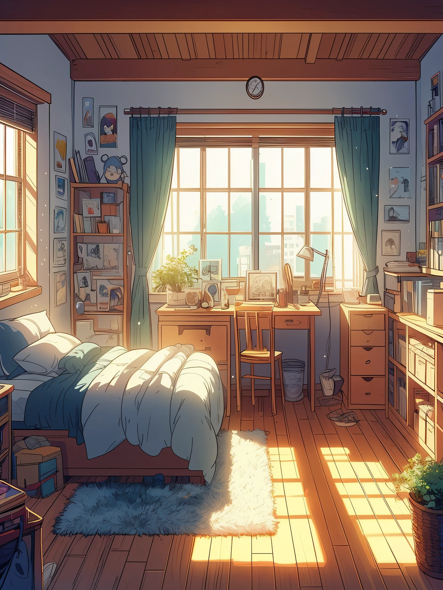 Draw an anime scene of a bedroom with a bed and a desk in it, bedroom in studio ghibli, anime background art, anime background, a sunny bedroom, personal room background, studio ghibli sunlight, anime scenery, background art, painting of a room, interior background art, cozy room, anime scenery concept art, painted in anime painter studio, cozy home background, bright room, anime aesthetic