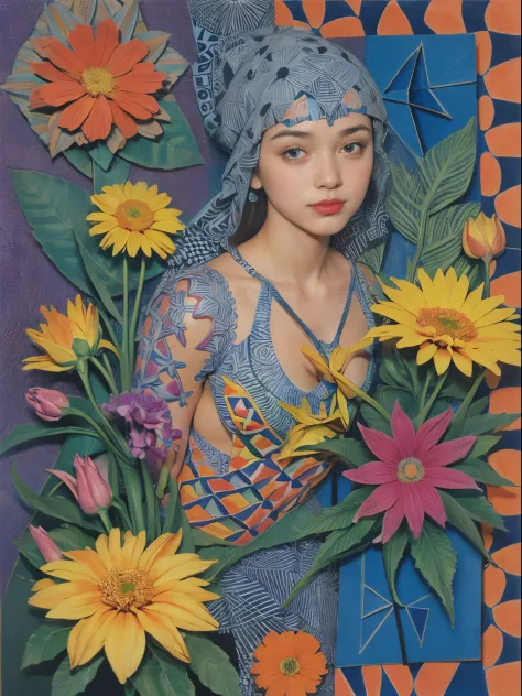 (ultra-detailed background, detailed background), absurdres, highres, ultra detailed, extremly detailed, 1girl, (bunch of flowers:1.3), (zentangle:1.2), (geometric:1.2),(colorful),