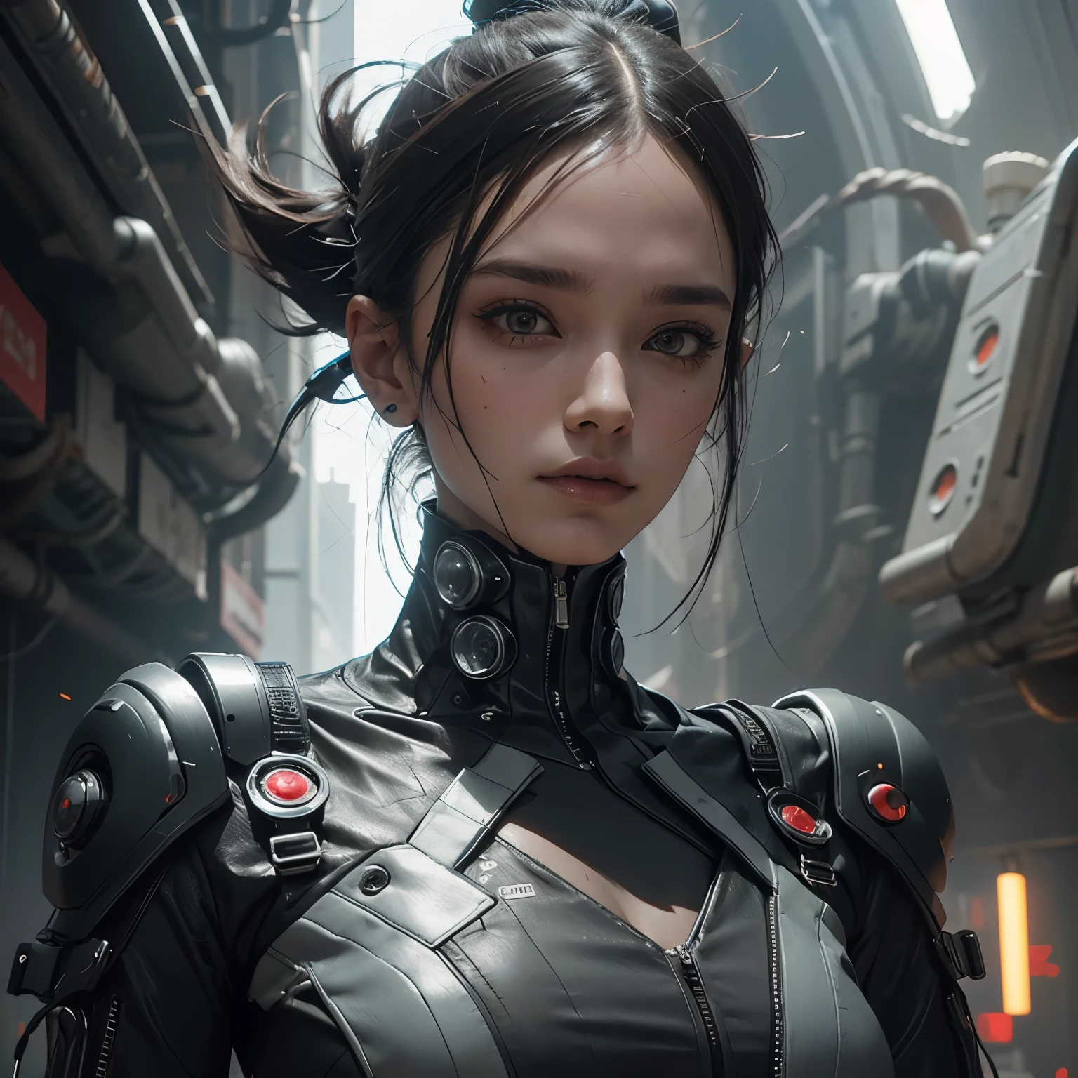 امرأة Cyberpunk تخرج من سفينة الفضاء, لا تشوهات , وجه مثالي