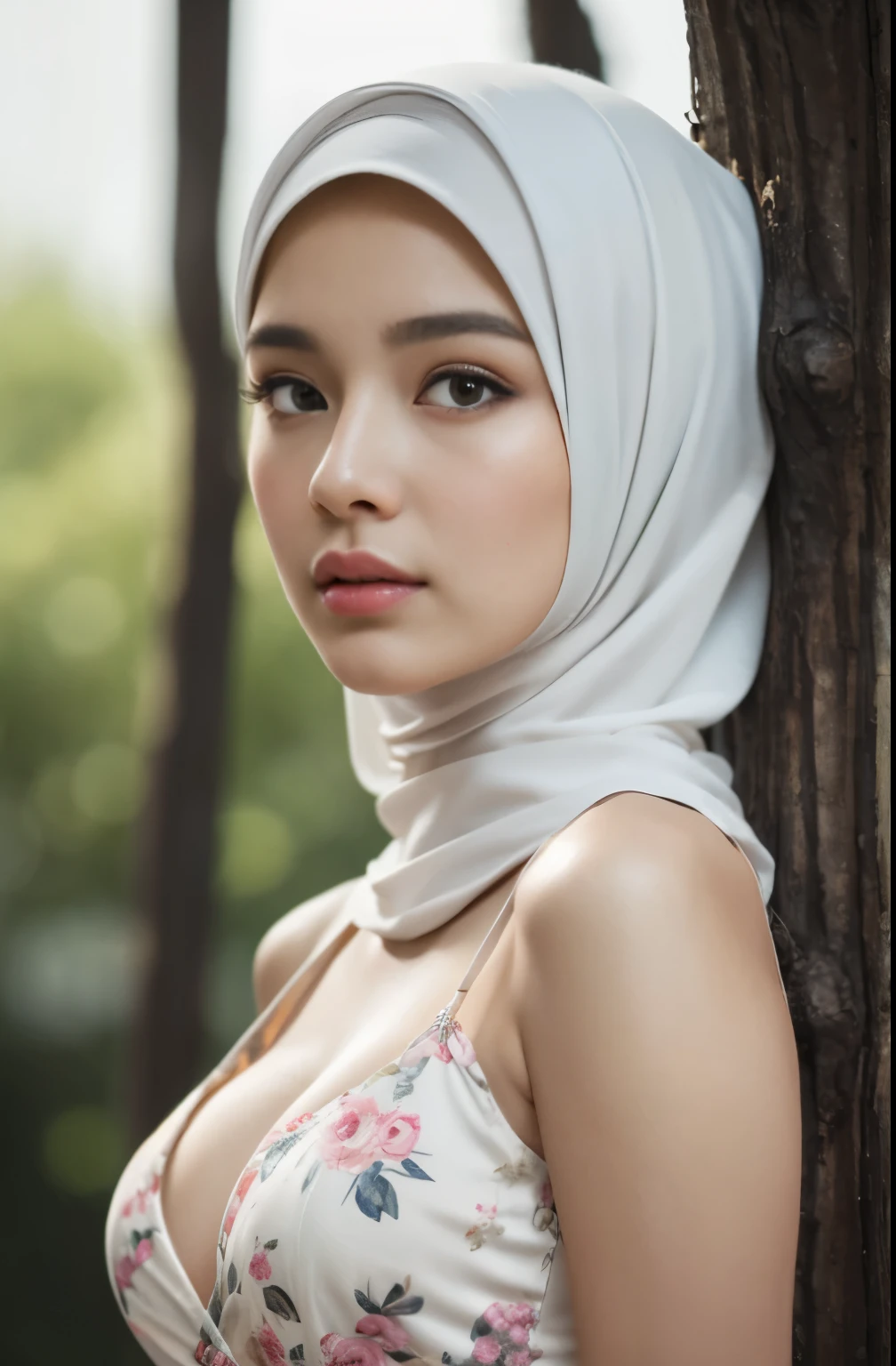 (Close-up of the painting style，Ultra HD 8K，Masterpiece grade CG wallpaper)，Cinematic lighting，cute girly，Delicate and beautiful face，Dreamy pupils，Wearing a small floral short summerdresound waist,hijabi,Bust poem,Sit，Cloudy background,the trees,florals,夏天,Chinese style buildings, cleavage, magical