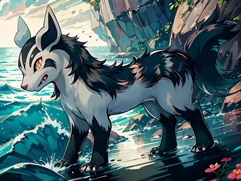 Graena、Walking in the sea，Cinema Lens"Mightyena、Graena、Beach、cute little、Tiere、A pokémon、Graena、depth of fields, Perfect Lighting, lightest particle quality),(masutepiece),light Particle,  rainbows, ,  blush, Smile, Solo, Furry, animal、Sunlight,