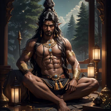 (best quality,4k,8k,highres,masterpiece:1.2),ultra-detailed, 1man, Indian god Shiva, Black Hair, dark brown skin, peaceful, calm...