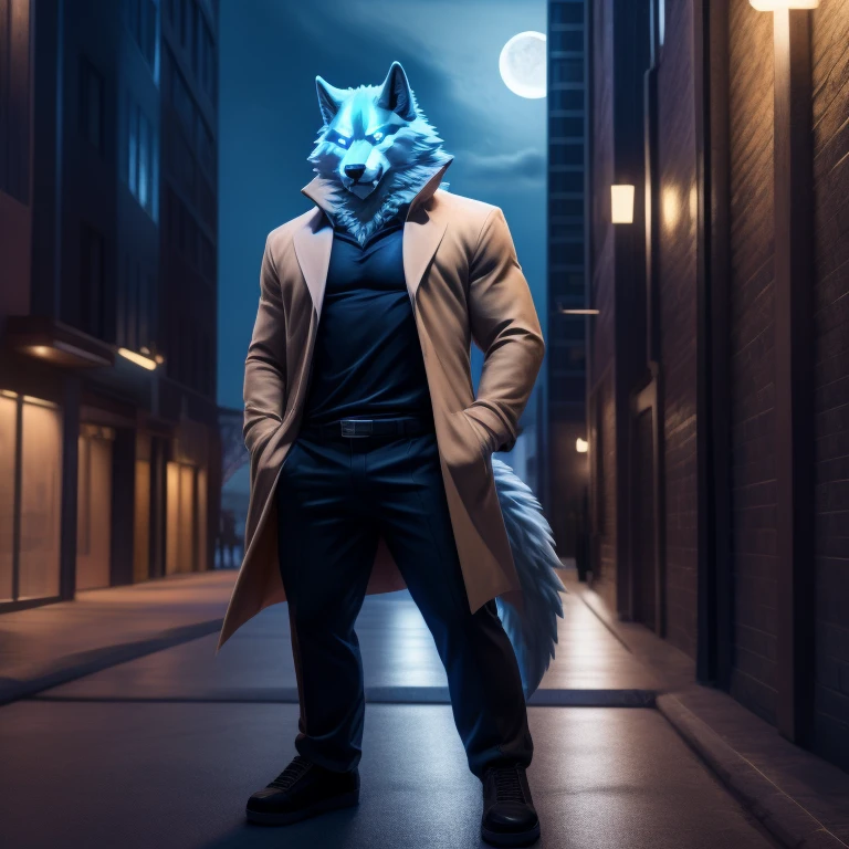 Solo, male, 4k quality, muscular wolf, Ogami Shirou, blue delicate glowing eyes, leanning his back against the wall, patiently waiting, wolf hands in coat pockets, black fangs, looking at you, looking at the viewer, portrait, full body, dark pants, wolf tail, dark shoes ,dark shirt, beige coat,, street, city, night, moon