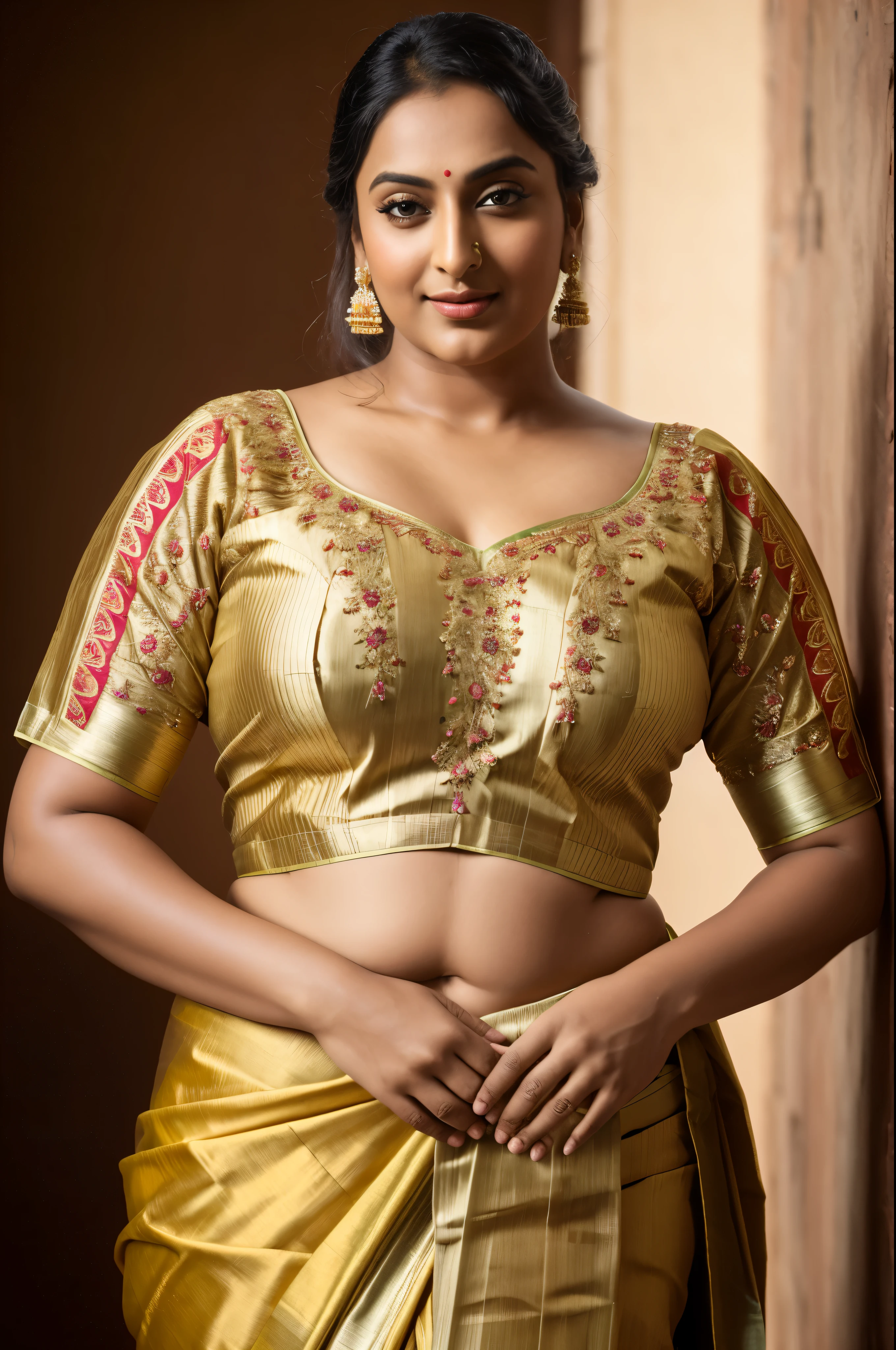 Anupa in a gold sari and gold blouse - SeaArt AI