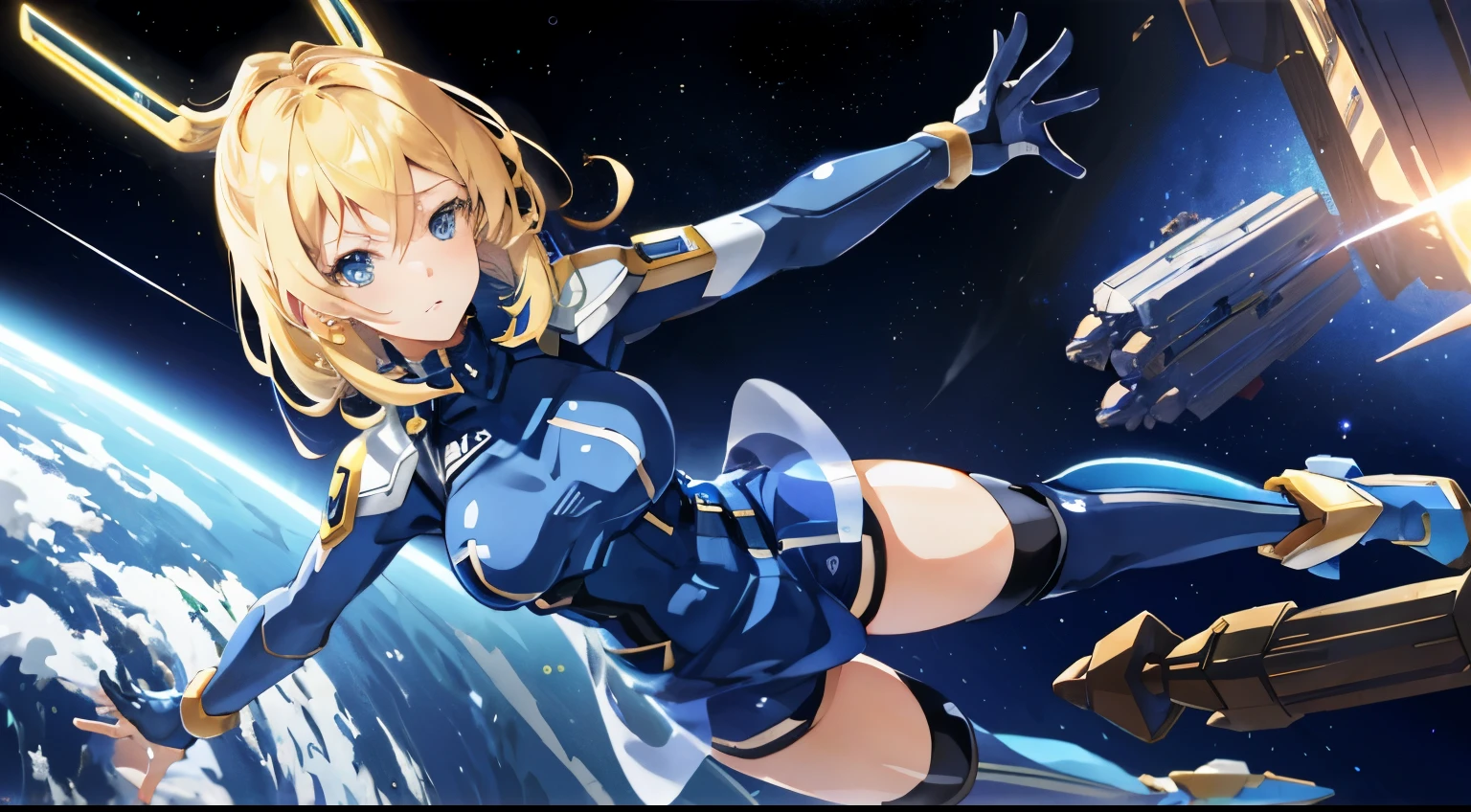 blonde anime woman in shiny midnight blue short dress, samus aran like, in a space station, earth visible at background (realy close) a few rounded space stations visible too, anime style, sen no kiseki style, digital art, 8k