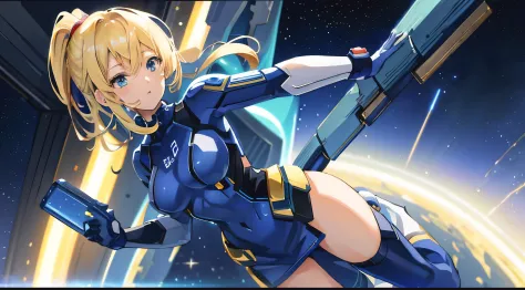 blonde anime woman in shiny midnight blue short dress, samus aran like, in a space station, earth visible at background (realy c...