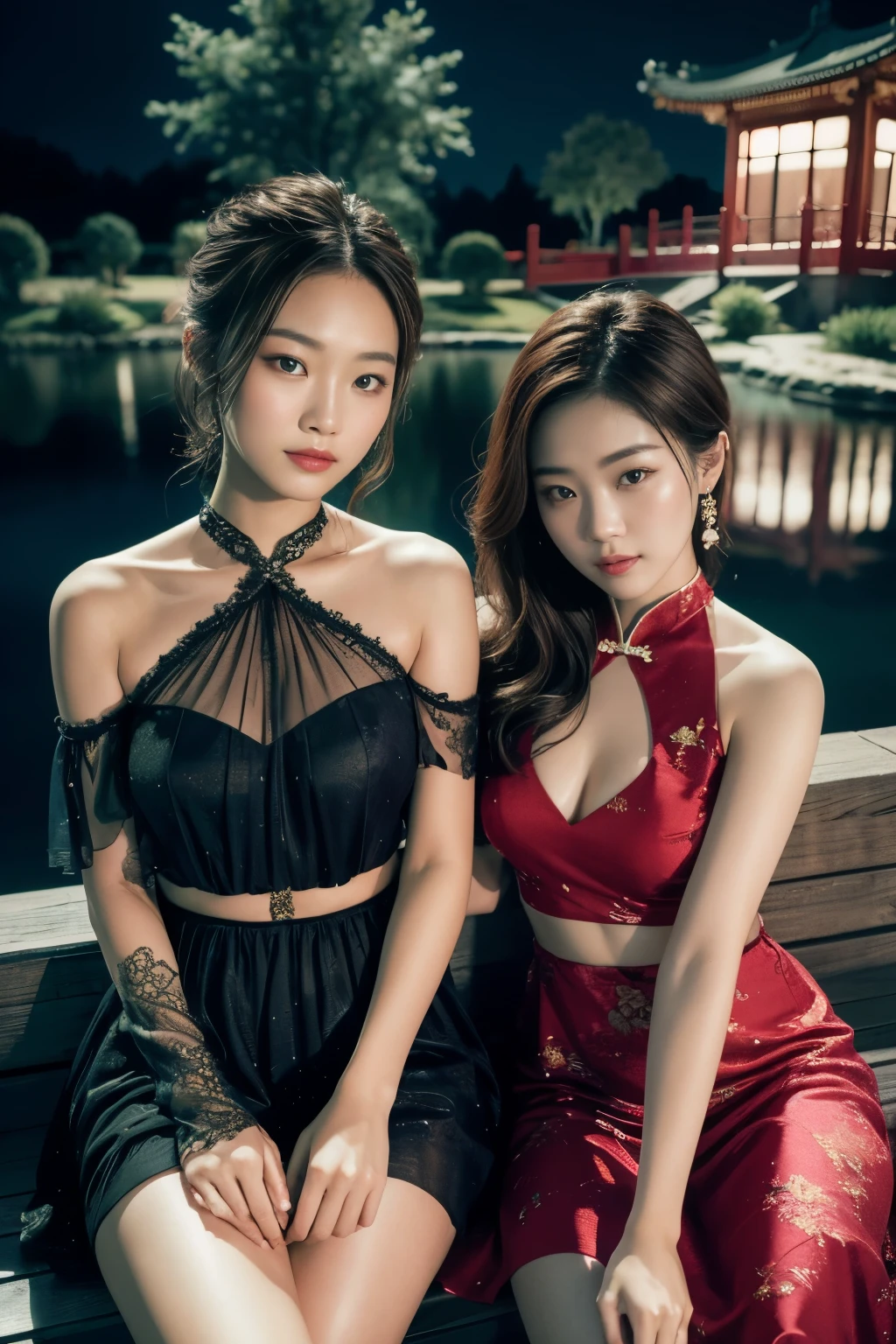 All faces must be different, high quality, highly detailed, a stunningly photorealistic closeup portrait of two beautiful Chinese women,babyfaced, intricate detailed eyes,open shoulders,skirtlift,where two mysterious women sits by the edge of a pond, capturing a romantic atmosphere under the starry sky.POV, by lee jeffries, nikon d850, film stock photograph ,4 kodak portra 400 ,camera f1.6 lens ,rich colors ,hyper realistic ,lifelike texture, dramatic lighting , cinestill 800,