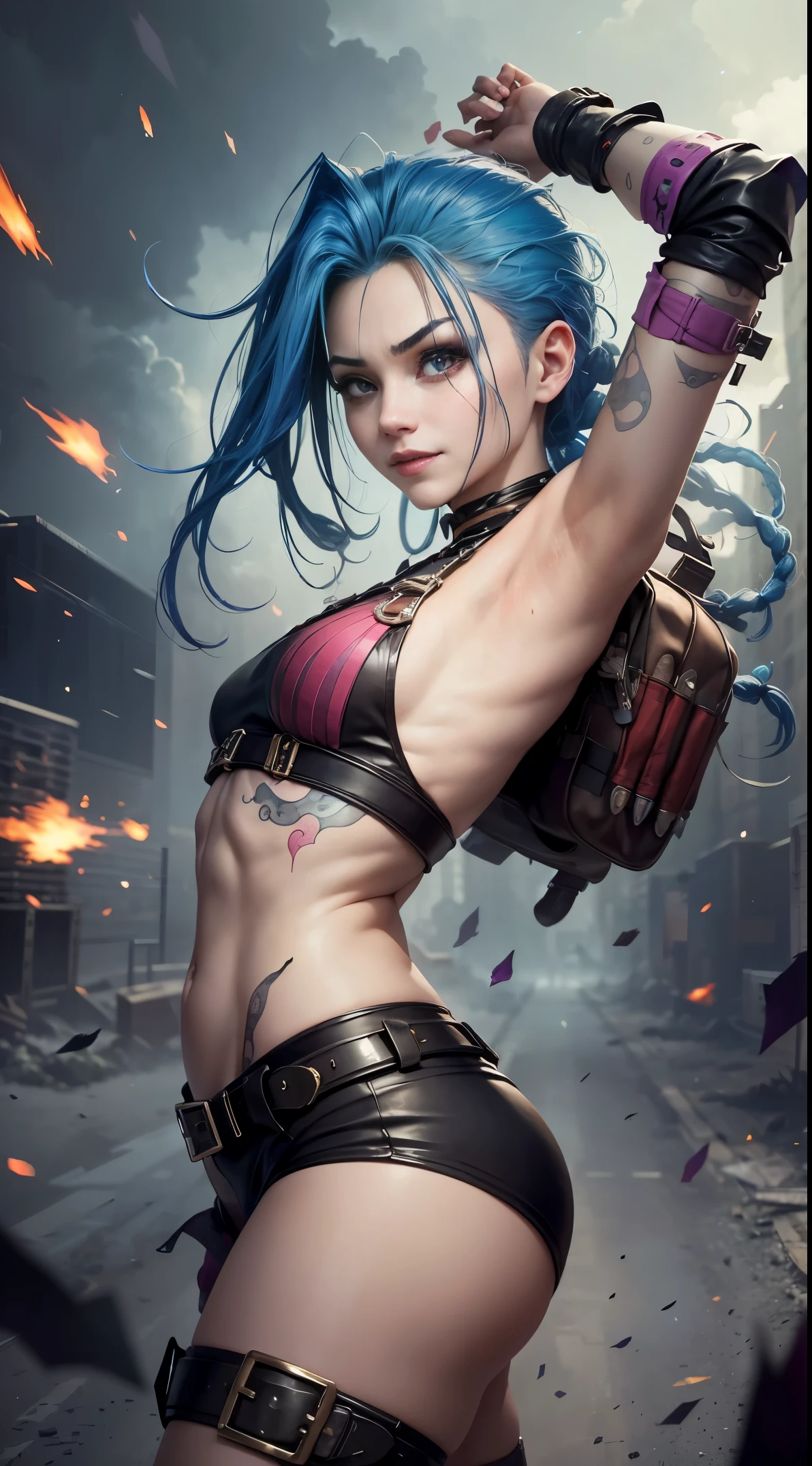 jinx, arcane, Crazy, Close-up photos、Inappropriate smile、Jojo Standing、Turn your back to the camera、only face、despise、Toes、unclear、Heavy equipment、bulletproof vest、raise arms、Dynamism、Perspective、odd eye、Windstorm、Feeling of sprinting、Dull hair、Red pattern、A sexy、glamor