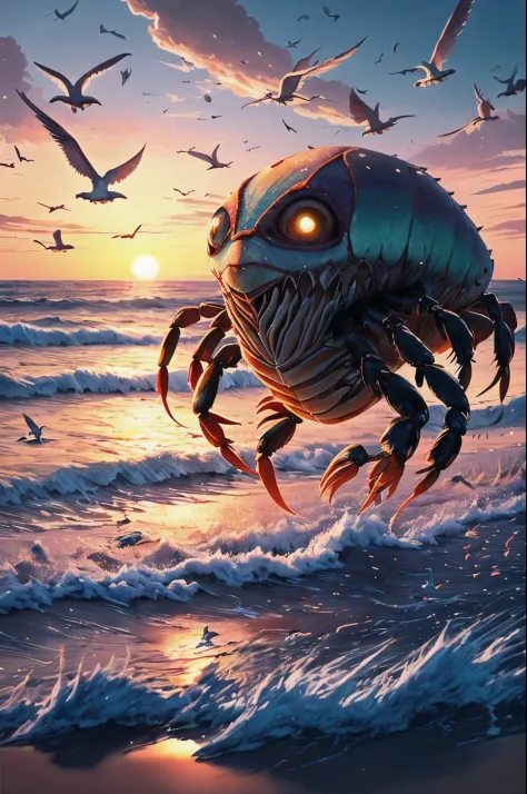 (best quality,highres,masterpiece:1.2),ultra-detailed,realistic,physically-based rendering,humanoid monster,crab-like chitinous plates,creepy,dressed like a Disney princess,beach,princess,creepy eyes,crab-like legs,unique texture,claws,scary appearance,hau...