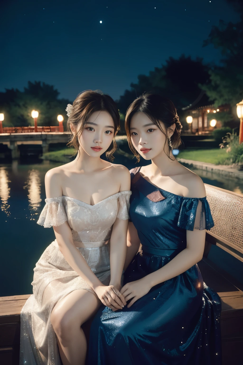 All faces must be different, high quality, highly detailed, a stunningly photorealistic closeup portrait of two beautiful Chinese women,babyfaced, intricate detailed eyes,open shoulders,skirtlift,where two mysterious women sits by the edge of a pond, capturing a romantic atmosphere under the starry sky.POV, by lee jeffries, nikon d850, film stock photograph ,4 kodak portra 400 ,camera f1.6 lens ,rich colors ,hyper realistic ,lifelike texture, dramatic lighting , cinestill 800,