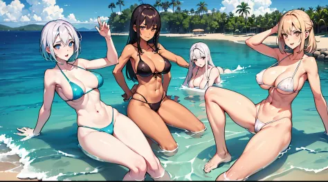((3girls, different girls(1girl pale skin, 2girls tanned skin), Masterpiece, ultra quality)), playing on water, fitness body, on beach, micro sexy bikini, nipples, camel toe, oiled body, smiling