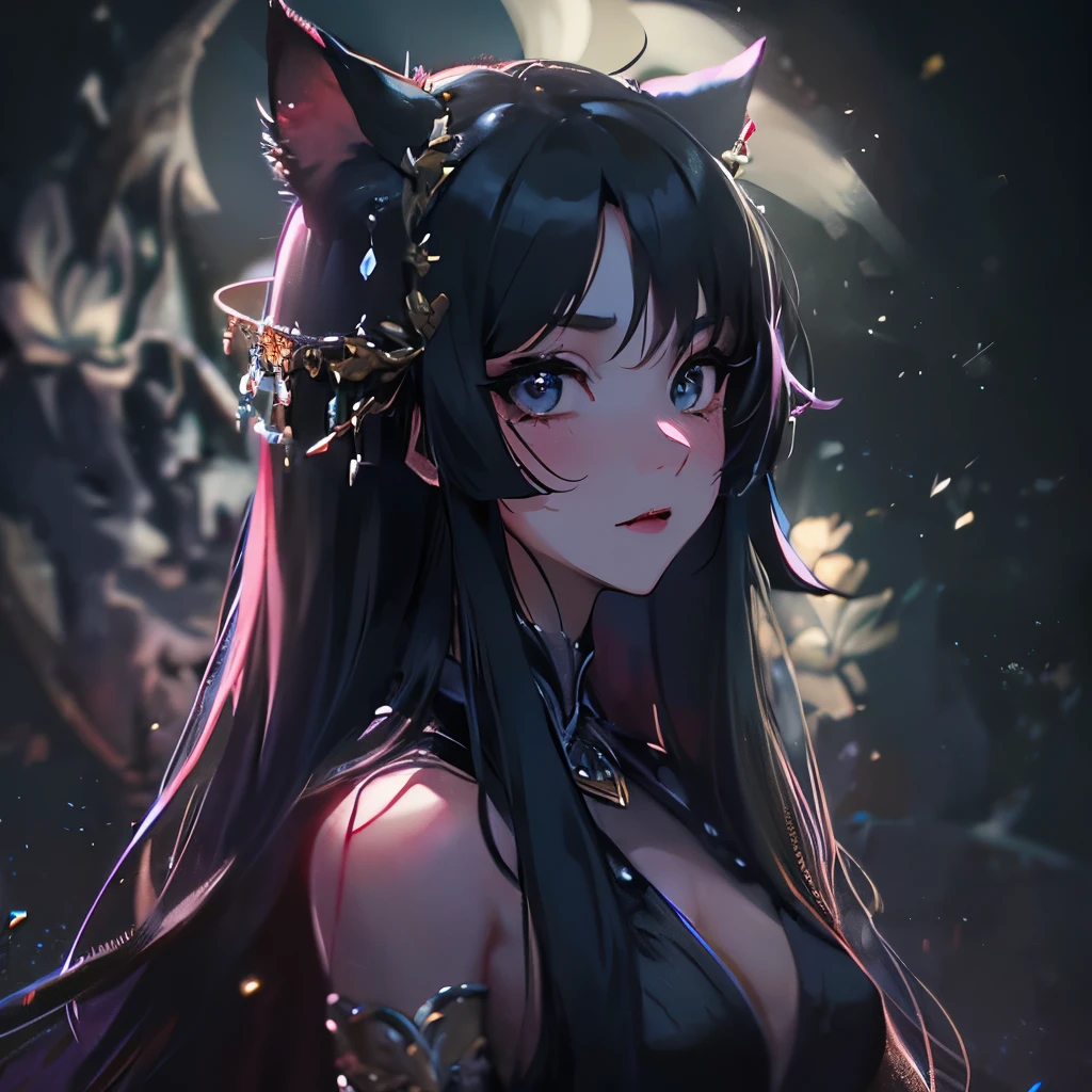 (masterpiece), 8k cg, stunningly beautiful girl, intricate details, chromatic aberration, ((bust shot)), ((looking at viewer)), 1girl, (Mio Akiyama, Long straight hair, black hair, animal ears), extremely beautiful and delicate portrait, frown, blush, curvy, makeup, absurdres, cinematic lighting, dynamic lighting, fantasy, ((dark background, fog))