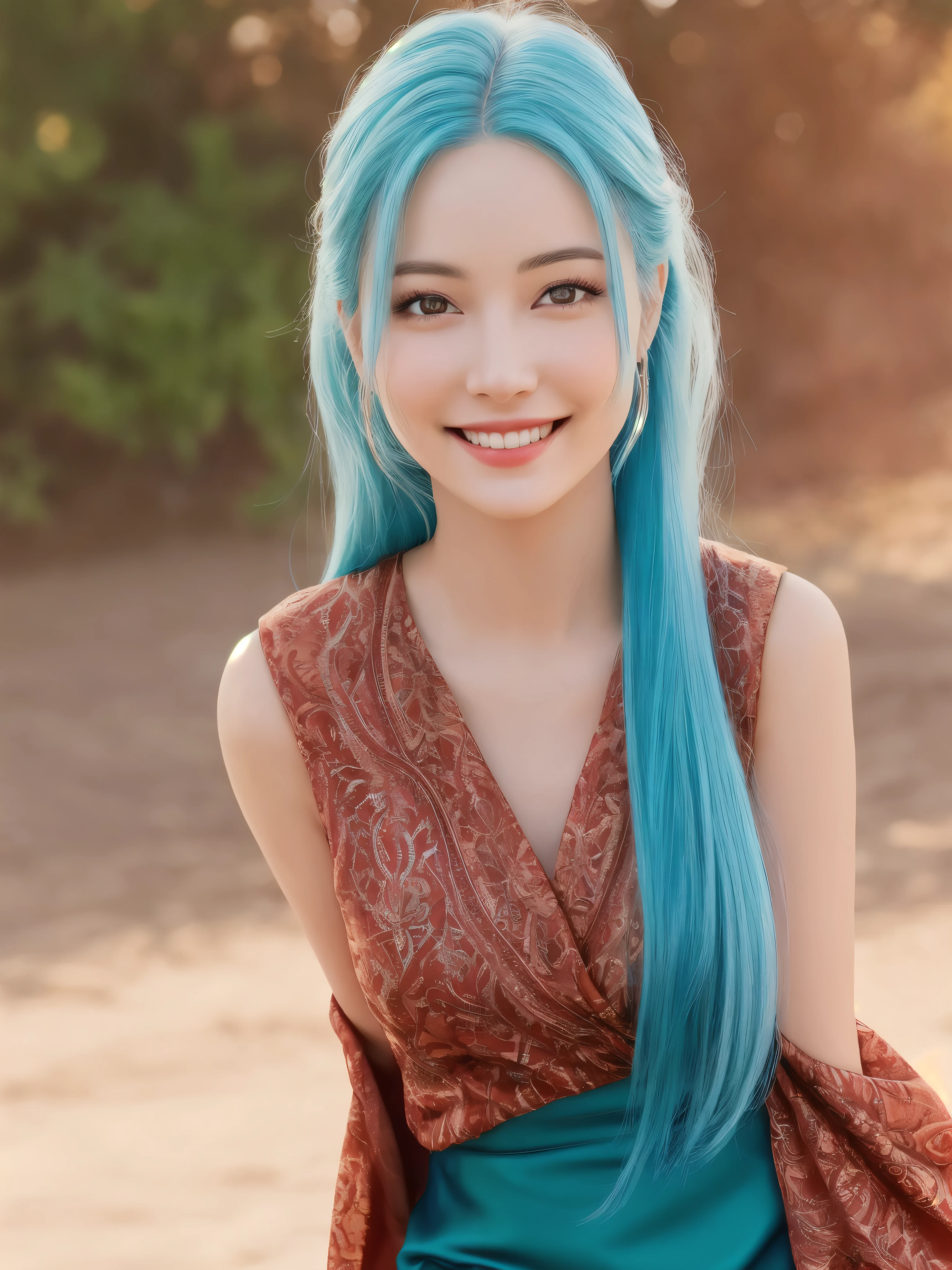 (Realistic:1.5), Very detailed photo of a stunningly beautiful young woman in tiny clothes.. Long rusty blue hair fluttering in the wind . Dazzling and glowing orange-red eyes, (freckles:0.3), Cute sexy, The mouth smiles widely with joy. leaned over to the camera, playfully crossing his arms behind his back.. Freedom-loving personality. Looking straight into the camera and winking
