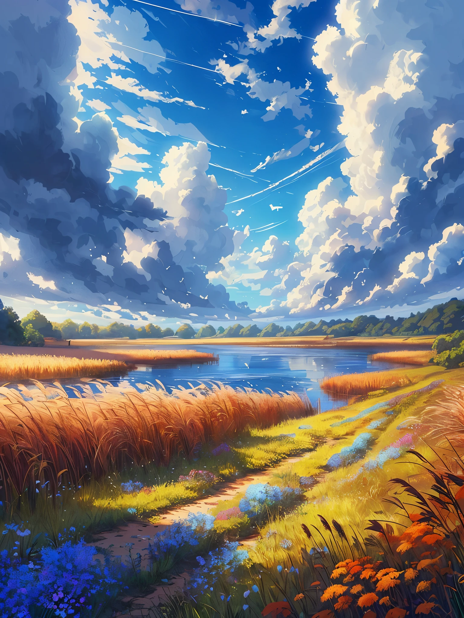 Draw an anime scene of fields near river，There are reeds on the shore，Autumn landscape, lofi, blue cloudy vast sky,vibrant colors, wild flowers, windy, peaceful environment
