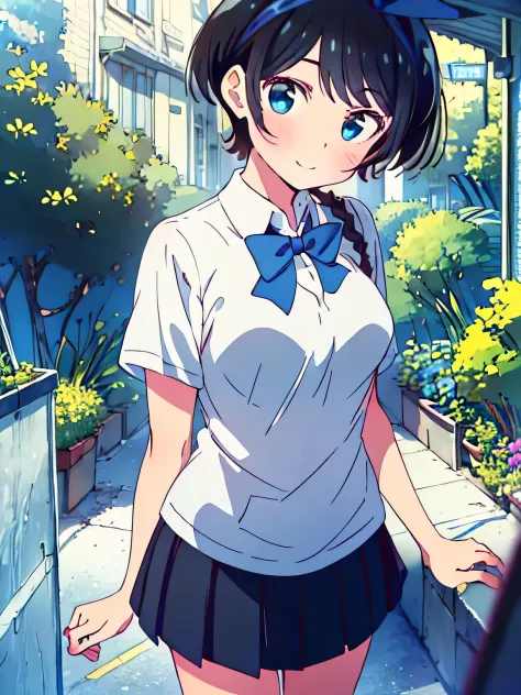 masterpiece, Best Quality,Illustration, Wallpaper, Ultra Detail, 1girl in,Solo,Beautiful detailed eyes,Very thick contour lines、Medium Short-Cut Hair、Short, Braided hair、(school uniform)、Dark hair color、cute smile、Overlooking angle:1.2、small head、ample bre...