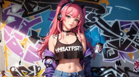 ((bestquality)), ((masterpiece)), (Detailed), Maximum resolution,A face as beautiful as a goddess.,ผmasterpiece, bestquality, 1girls, bara, crop top, shorts jeans, choker, (Graffiti:1.5), color splashes, arm behind back, against wall, looking at the audien...