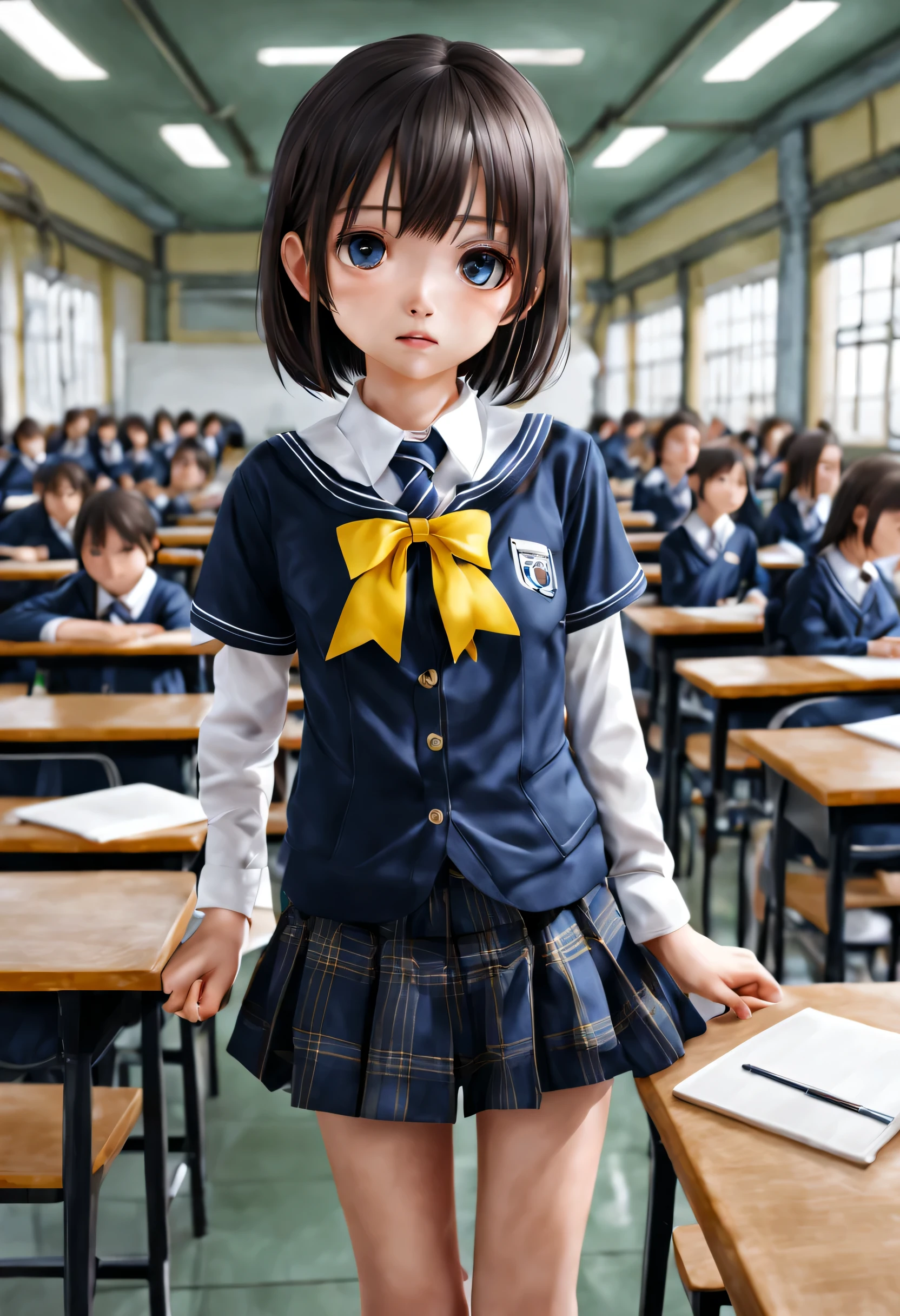 photorealestic, chica joven, Alto detalle, alta calidad, obra maestra, (senos pequeños)), en la escuela, uniforme escolar ultracorto, una chicas, el anime