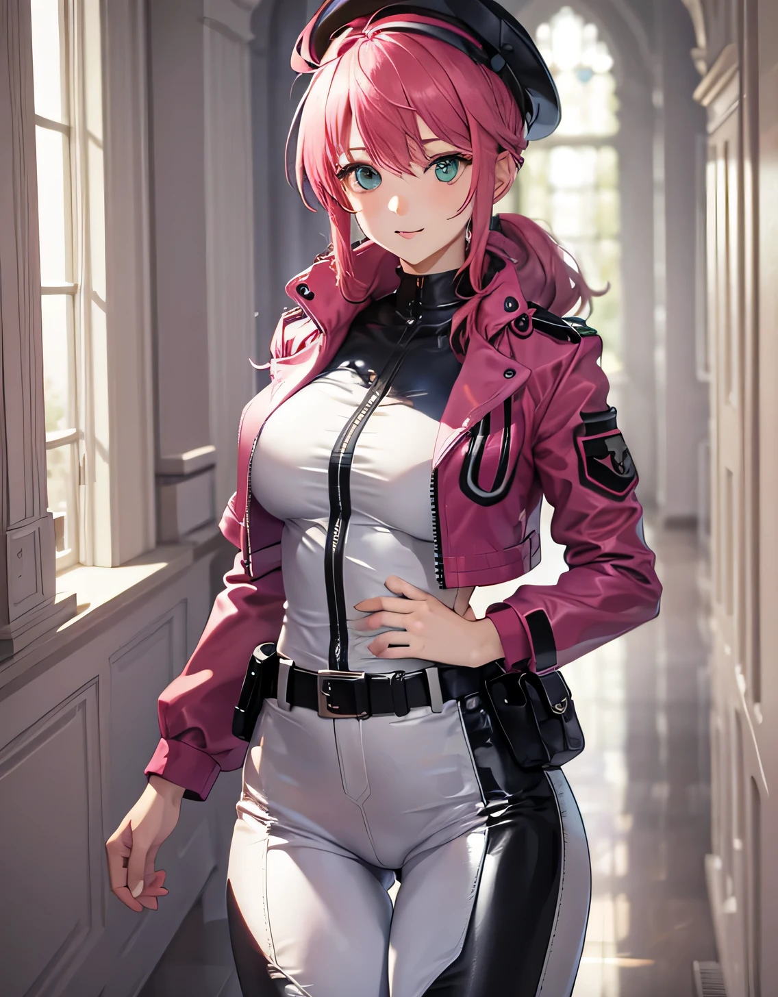 feldt grace, felt uniform, Long hair, Cropped jacket, Pink jacket, White pants, Belt bag,(Large breasts:1.5),Looking at Viewer,(((masutepiece))),((Best Quality)),Perfect Anatomy,8K UHD,extra detailed face,gloss and shiny,((1girl in)),((Solo)),(Beautiful detailed eyes:1.5),image perfect,(Upper body:1.1),(Look at the front:1.1),Arms behind,Slim waist,Shiny hair,Standing,lightsmile,indoor hall,