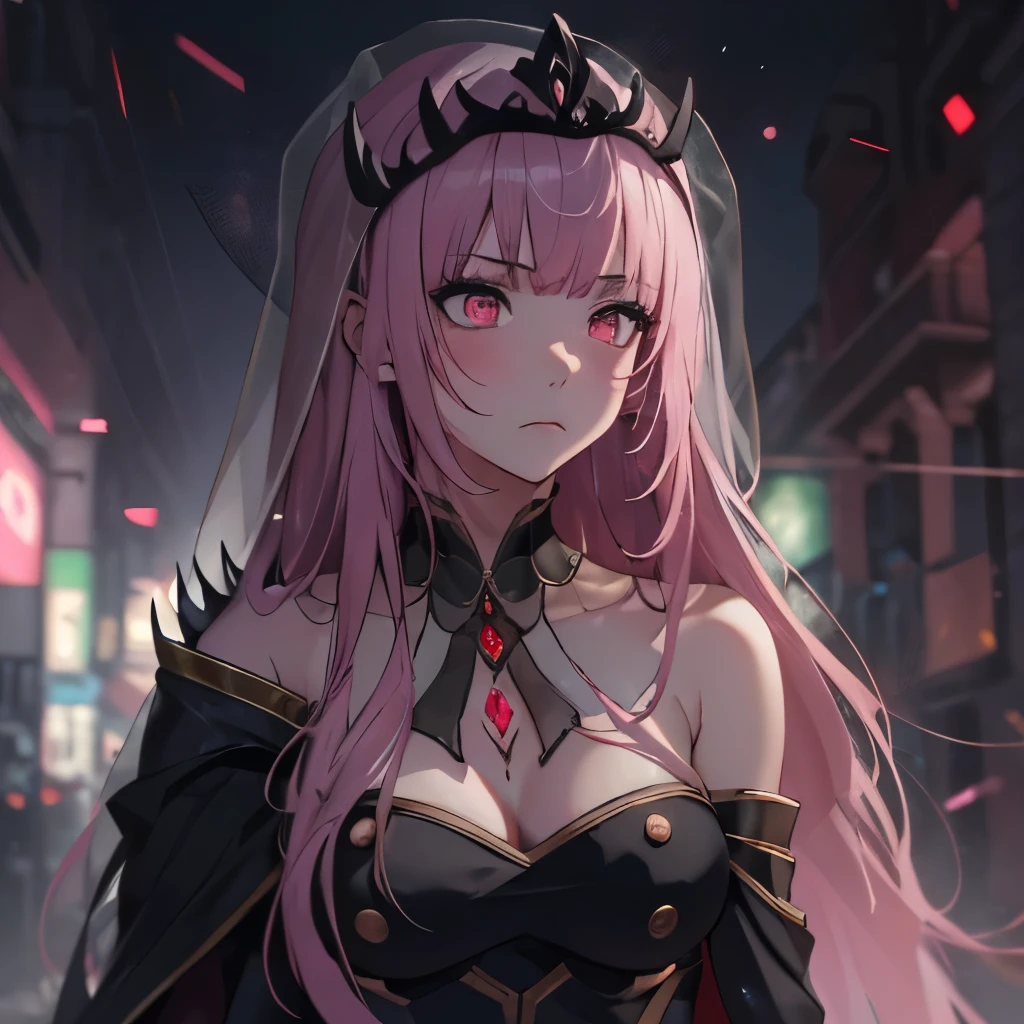 (masterpiece), 8k cg, stunningly beautiful girl, intricate details, chromatic aberration, ((bust shot)), ((looking at viewer)), 1girl, (MoriBase, long pink hair, veil, tiara, long black sleeveless dress, side slit, torn black cape, shoulder spikes, single black thighhigh, detached sleeves, see-through sleeve),tomboy, strong face, tall, slender, wide shoulders, small breasts, frown, blush, makeup, absurdres, cinematic lighting, dynamic lighting, fantasy, ((dark background, fog))