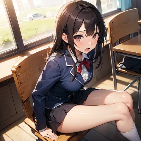((((masutepiece, Highest Quality, Best Quality, 1girl in, Solo, Beautiful anime、Detailed picture))))、18year old、A slender、slightly larger breasts、skinny thigh、((dark brown hair、Straight、Longhaire、Brown-eyed、rounded eyes、Clear department、、)),((Schools、‎Clas...