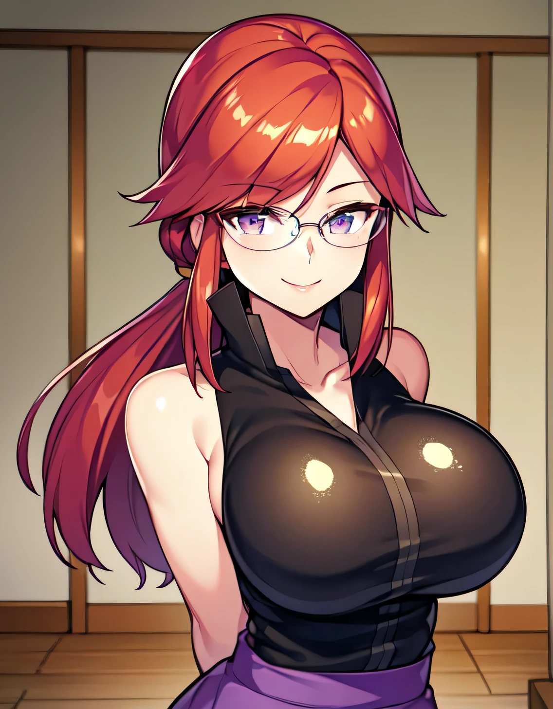 frlg lorelei, Red hair, swept bangs, Glasses, clavicle, Black shirt, Sleeveless, Bracelet, Purple skirt, high-heels,(Large breasts:1.5),Looking at Viewer,Standing,((masutepiece)),((Best Quality)),Perfect Anatomy,8K  UHD,extra detailed face,gloss and shiny,((1girl in)),((独奏)),(Beautiful detailed eyes:1.5),image perfect,(Upper body:1.1),(Look at the front:1.1),arms behind back,Slim waist,Shiny hair,(Sensitive smile:1.2),indoor hall,