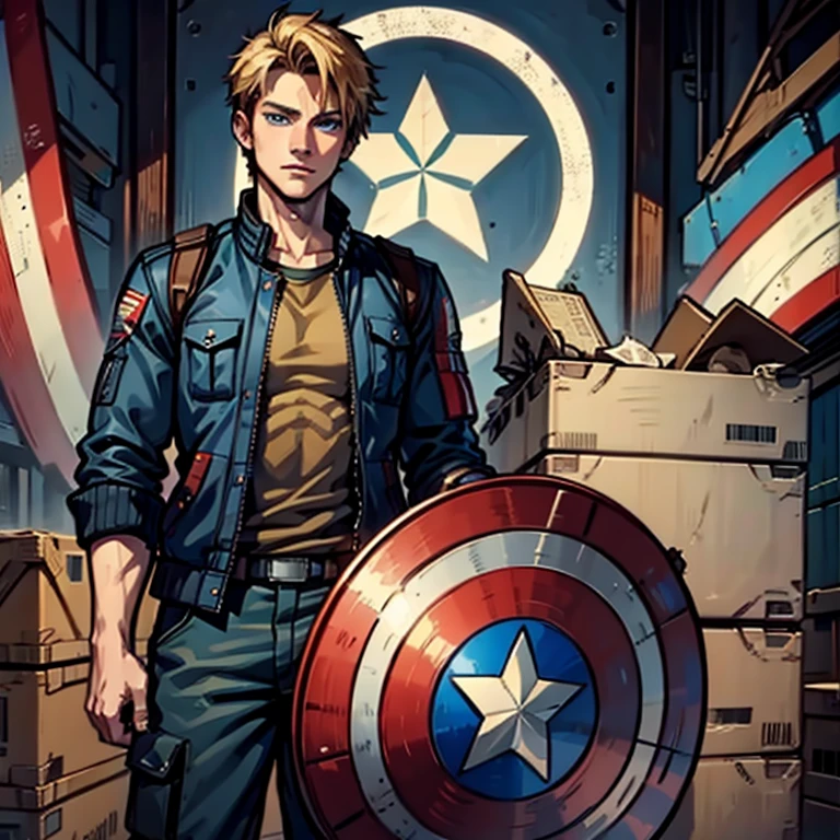 20 Jahre alt, hübscher Mann, bräunlich-blondes Haar, blaue Augen, Kapitän Amerika Schild, stark, Jacke mit Captain America-Motiv (offen), Cargohose, Anime-Stil