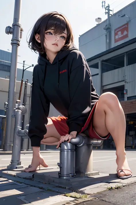 (drooping eyes, sleepy face, angle from below, realistic skin), (((straddle to hit her crotch against the installed pipe-bollard on the ground))), open legs, hoodies, long skirt, outside of the factory area,