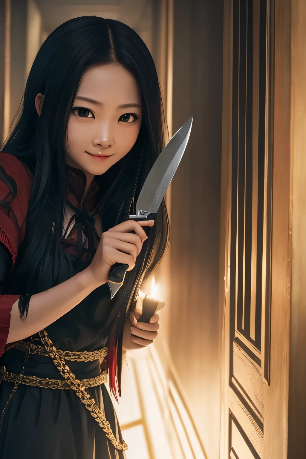 Scary girl、He looks at us with a knife in his hand and smiles、Room corridor、Ultra-high image quality、high resolution、8K、16K、Live action、bloodthirsty、Believe