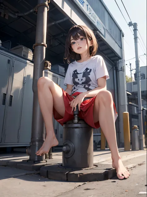 (drooping eyes, sleepy face, angle from below, realistic skin), (((straddle to hit her crotch against the installed pipe-bollard...