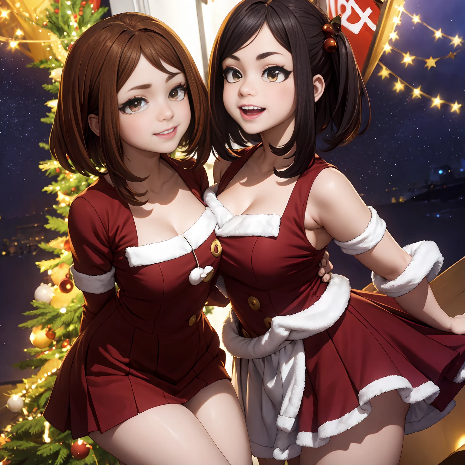 Ochaco uraraka,my hero academia, ochaco uraraka,My Hero Academia,(christmas style dress),(short dress),(shoulders showing),(red dress),(sexy dress),(anime girl),(beautiful girl),(full body),(beauty divine),(Yellow eyes, cat pupils), (smiling with the rest red)