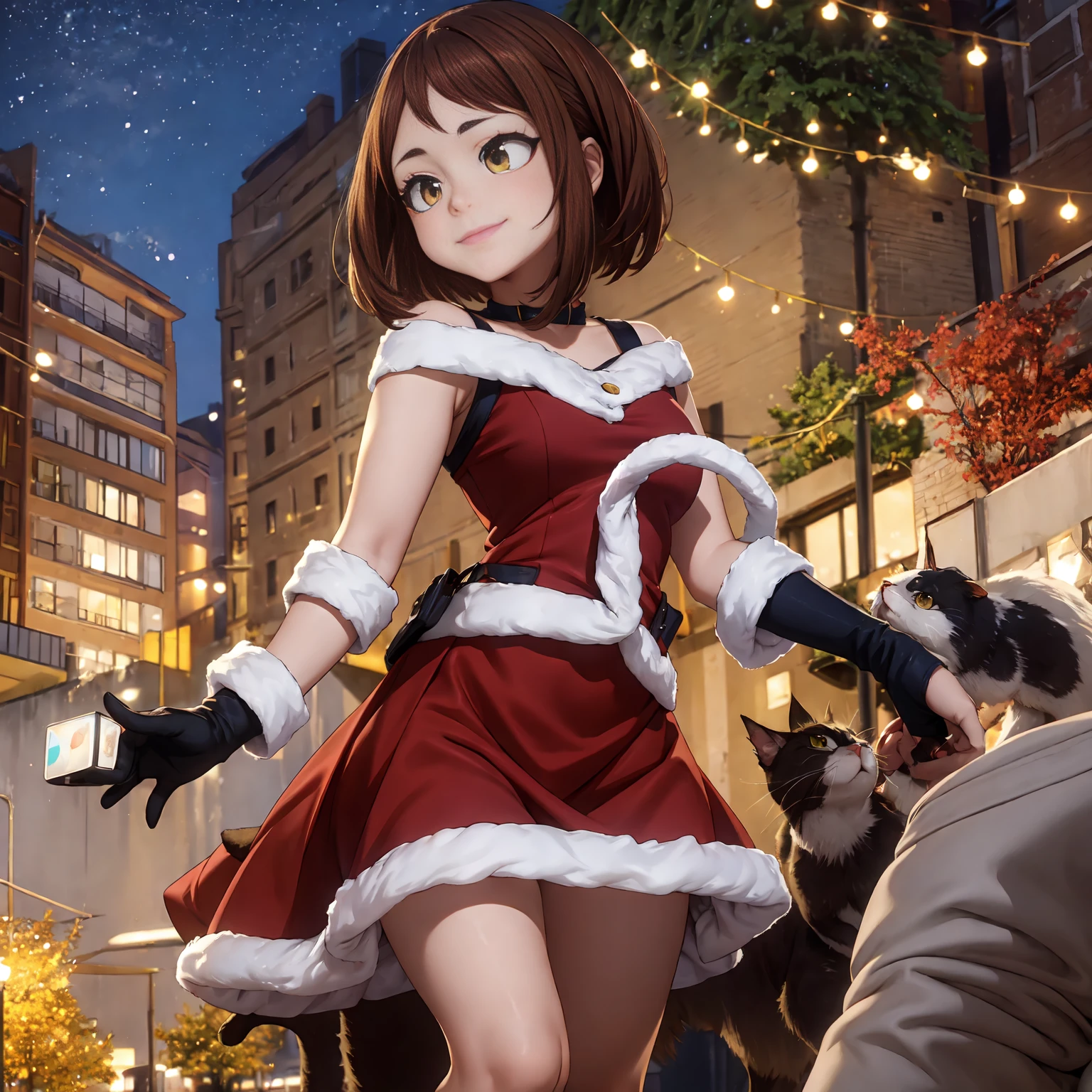 Ochaco uraraka,my hero academia, ochaco uraraka,My Hero Academia,(christmas style dress),(short dress),(shoulders showing),(red dress),(sexy dress),(anime girl),(beautiful girl),(full body),(beauty divine),(Yellow eyes, cat pupils), (smiling with the rest red)