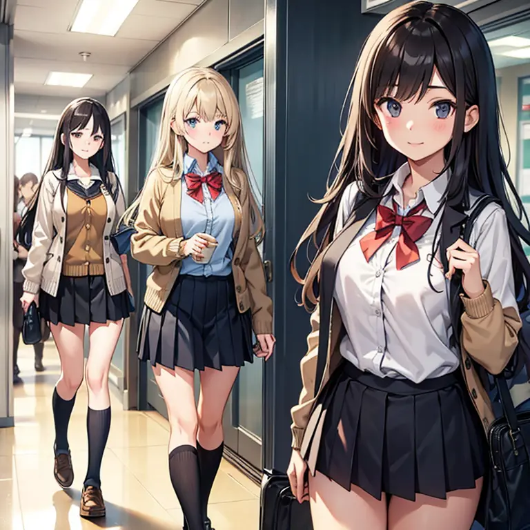 Detailed ,A long-haired, breast-fed high school girl wearing a cardigan shirt and knee-length skirt walks in a school hallway cr...