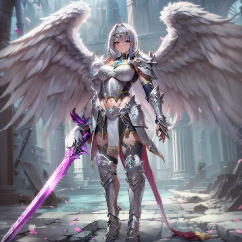 (masterpiece), (best quality), (ultra-detailed), female angelic warrior, silver armor, armored, full body, beautiful, fierce, holding weapons, sword, lean body, short hair, scout, bare_shoulders, fallen angel