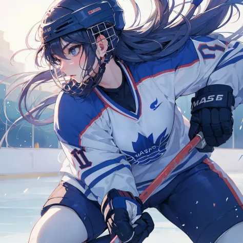 (Best Quality, masutepiece),ultra detailed photographic,1girl in, Women's ice hockey athlete ,Large breasts,nice legs, At ice hockey venue,Detailed beautiful face,Beautiful eyes,detailed hairs,detailed  clothes,Detailed realistic skin,Cool,Dynamic Angle,